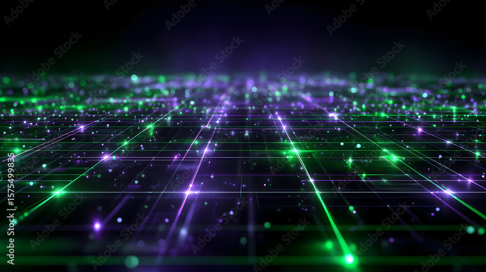 Dynamic neon green and purple neural grid with glowing electric particles and deep grid lines, set against a dark cyberpunk background, ideal for fintech, AI platforms, and digital innovation visuals Dynamic neon green and purple neural grid with glowing electric particles and deep grid lines, set against a dark cyberpunk background, ideal for fintech, AI platforms, and digital innovation visuals