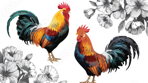 Two Roosters and Floral Illustration Vibrant Farm Animals and Delicate Flowers