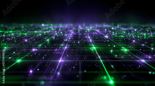 Dynamic neon green and purple neural grid with glowing electric particles and deep grid lines, set against a dark cyberpunk background, ideal for fintech, AI platforms, and digital innovation visuals 