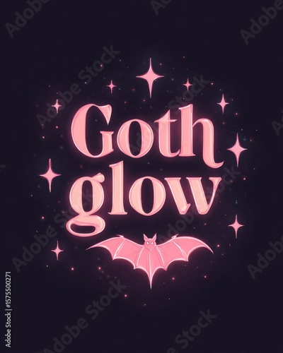 A pink neon design with the words 'Goth glow' and a bat surrounded by stars.