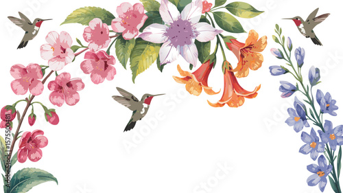 Watercolor Hummingbirds Hovering Among Pink Blossoms, Orange Trumpets, and Blue Delphinium Flowers
