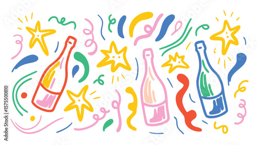 Celebration illustration with champagne bottles stars and colorful confetti for festive occasions