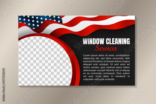 window cleaning service horizontal banner template design with space for photo and america flag flutter element isolated on black background.