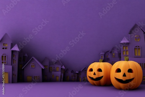 Orange jackolanterns sit before purple houses Halloween decor