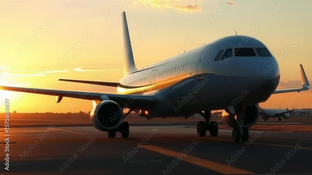 An airplane taxis on the runway during a golden sunset