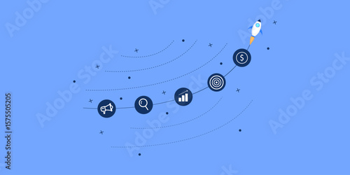 Rocket surges through a dynamic roadmap, growth marketing indicator.
