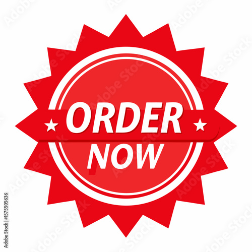 Red circular badge with bold white order now text for promotional campaigns