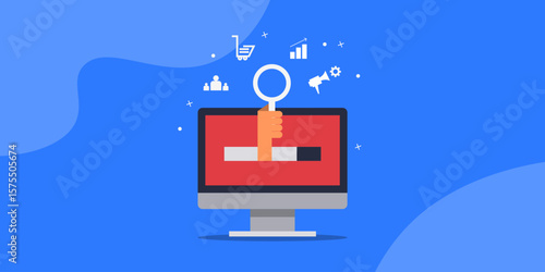 Analytical lens emerges from computer screen, high lighting digital marketing and search optimization.