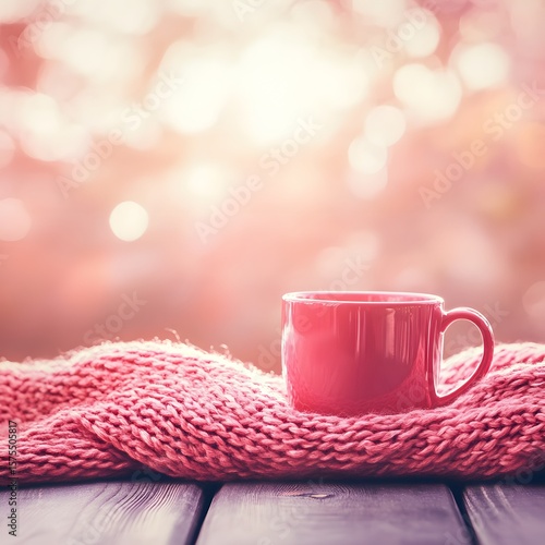 Cozy Autumn Morning Coffee Cup on Knit Scarf