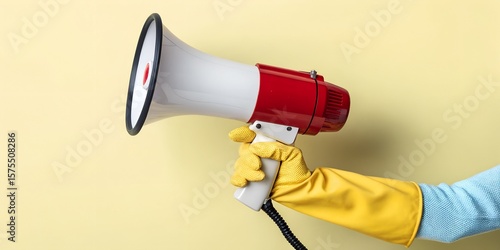 Person announces clean up tasks holding a megaphone wearing yellow gloves on a yellow background creating a clean concept