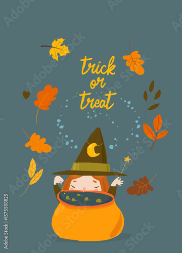 Cute Little Witch brewing a Potion in Cauldron. Vector Illustration