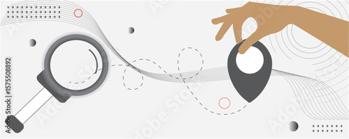 Minimal abstract illustration of a hand placing a location pin with a magnifier, symbolizing search, navigation, strategy, and modern mapping solutions in business or design.