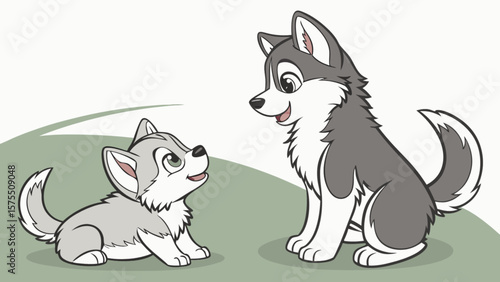 Cute cartoon husky puppy and adult dog illustration for kids books and animal themed designs vector art 100