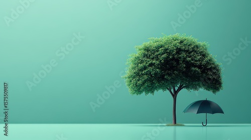 Green tree with protected by umbrella environmental safety concept.