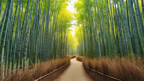 Exploring a serene bamboo forest pathway surrounded by lush greenery