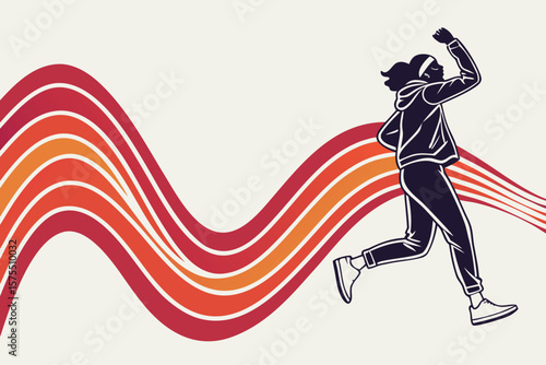 Silhouette of a woman running with a triumphant fist pump and colorful wavy lines