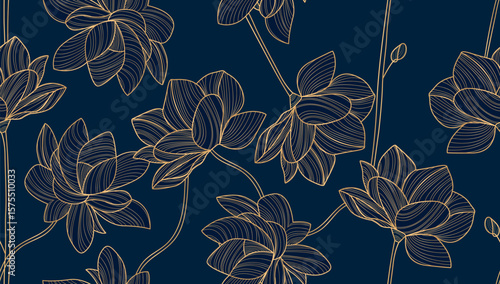 Minimalist Flowers Luxury Seamless Pattern Line Art Style. Floral Vector Hand Drawn Print. Botanical Background with Outline Flowers Texture for Textile, Fabric, Banner, Social Media, Promotion