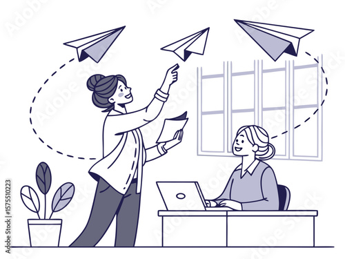 Two women in an office launching paper airplanes symbolizing ideas and communication isolated on white background