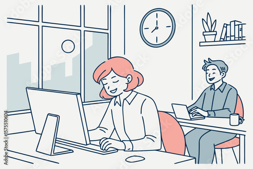 Two colleagues working happily at their desks in an office isolated on white background