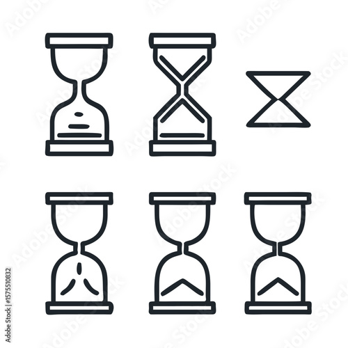 Line art showcases diverse hourglass forms, perfect for timeless designs, clock icons, timekeeping themes, or representations of deadlines and patience.