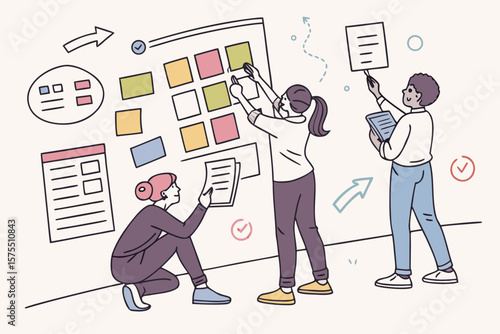 Team collaborates on a project using a kanban board isolated on white background