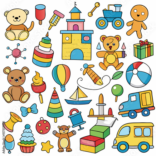 Delightful assortment of colorful toys, perfect for kids' room decor, educational projects, or playful graphic design projects.