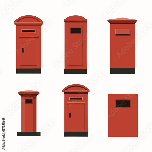 Collection of classic British red post boxes or mailboxes, perfect for vintage design or branding elements with a traditional postal service theme.