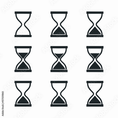Hourglass icons showcase different stages of time in a grid layout, perfect for concepts relating to time management, deadline, and counting minutes.