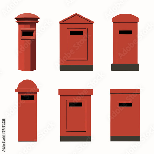 Classic red postbox designs for postal service, suitable for branding, logo, or scalable graphic elements related to mail and correspondence.