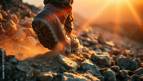 Close-up shot of a hiker’s sturdy hiking boot firmly stepping onto uneven rocky mountain ground