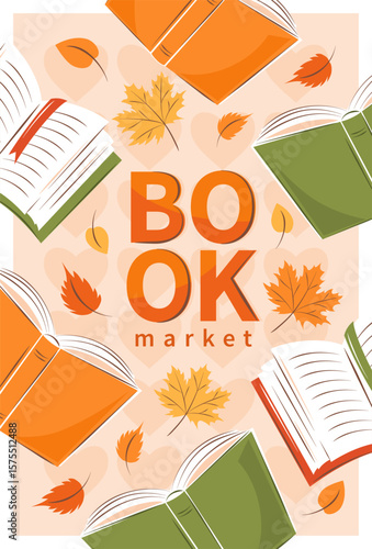 Book market. Banner for bookstore, library, sale in bookshop. Books with autumn bright leaves. Vector illustration for poster, cover, marketing.
