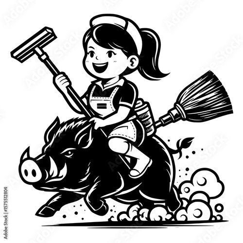 Cleaning lady riding on a wild boar, black and white vector
