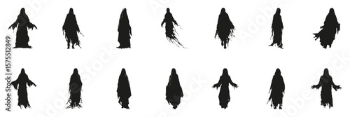 Ghostly Figures In Silhouette Set. Horror And Supernatural Theme Collection. Halloween And Spooky Design Use. Isolated Vector Illustration