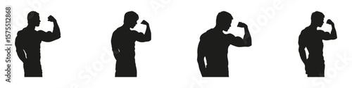 Bodybuilder Posing Silhouette Set. Fitness And Strength Training Symbol Collection. Health And Wellness Industry Use. Isolated Vector Illustration