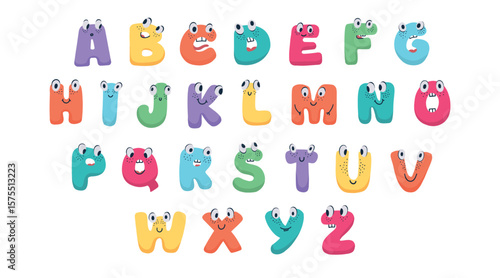 Funny kawaii uppercase letters alphabet creative typography design for children education vector illustration. Colorful funky abc font typeface with comic faces for nursery or kindergarten kids