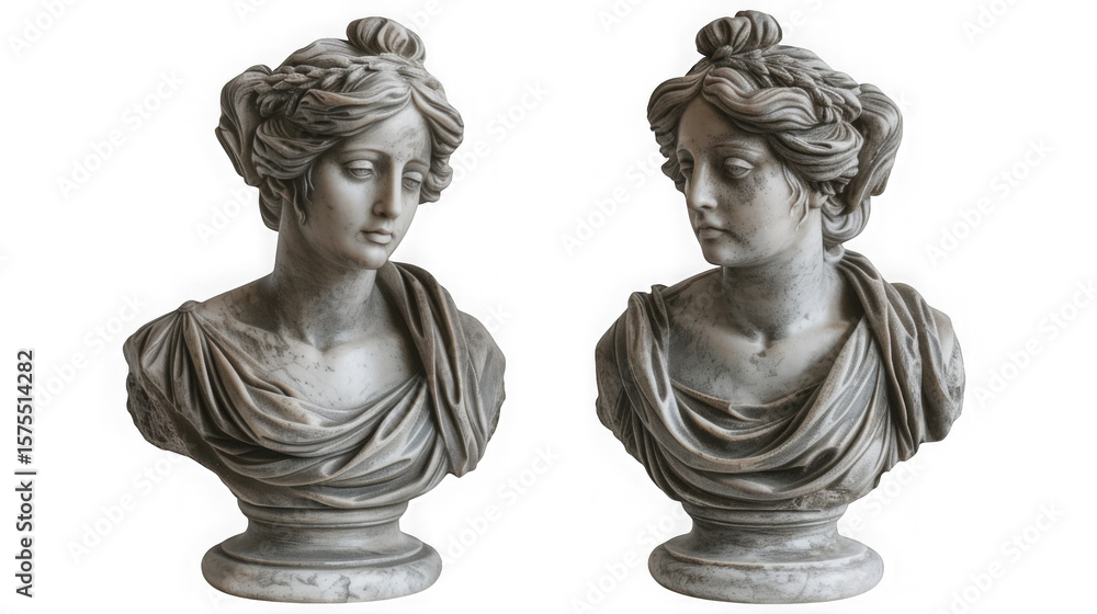 Obraz premium Two classical marble busts of women with ornate hairstyles and draped clothing isolated on transparent background