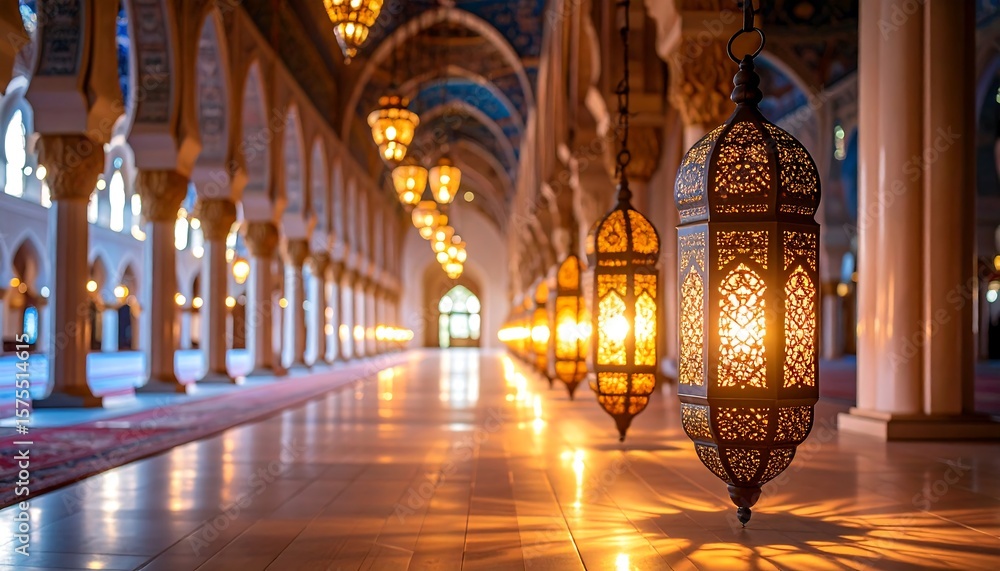 Fototapeta premium Golden Lanterns Illuminate Mosque Hallway Islamic Architecture with Ramadan Festival.
