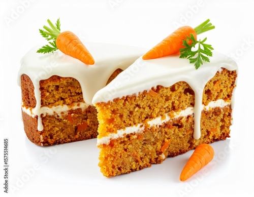 Two pieces of carrot cake drenched in vanilla icing on white background Natural candy concept.