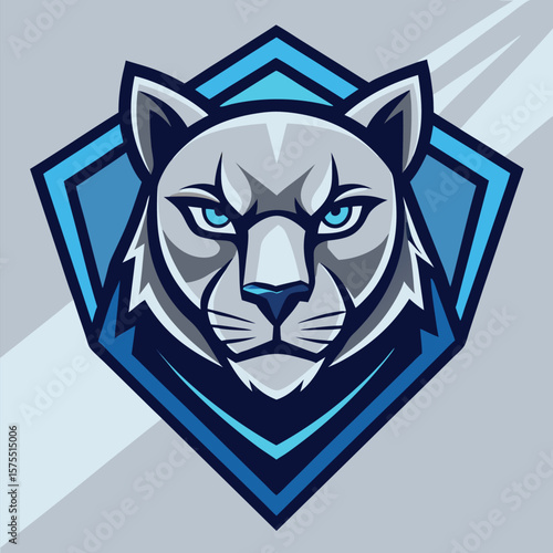 Strong cougar head sports logo showcases piercing blue eyes inside blue frame