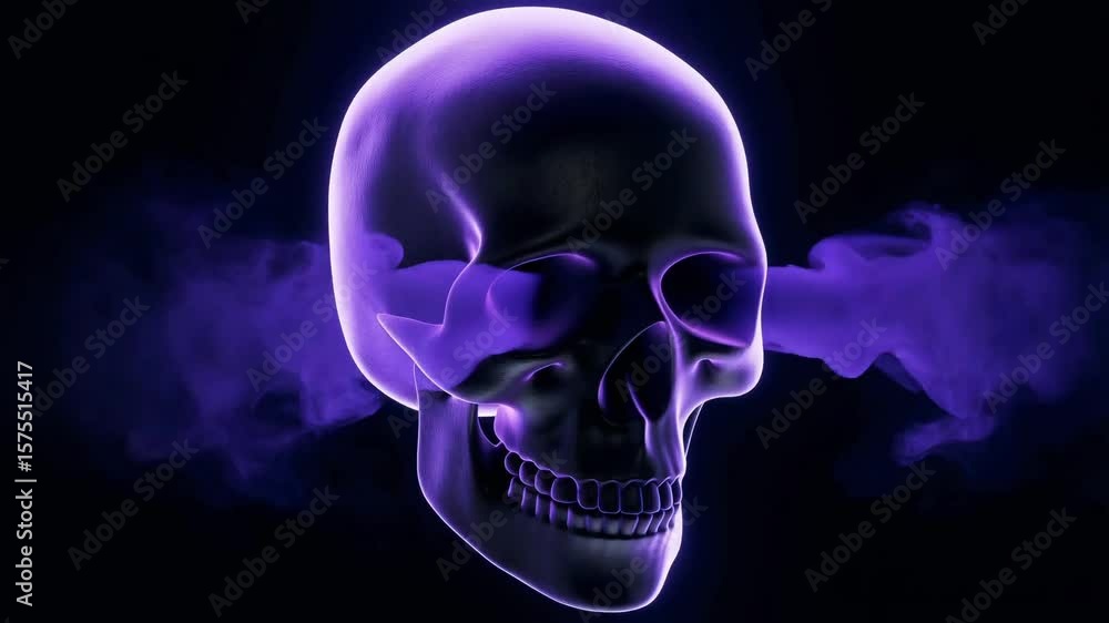 Glowing purple skull surrounded by swirling smoke on black background Glowing purple skull surrounded by swirling smoke on black background