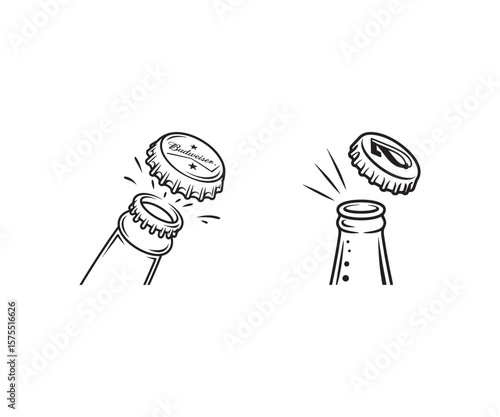 Set of Vector Icons for Opening Beer Bottles with Caps Popping Off