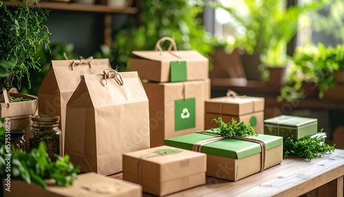 Eco-friendly packaging on wooden table