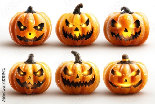 Six orange Jackolanterns with glowing eyes and toothy grins arranged in two rows on a white background