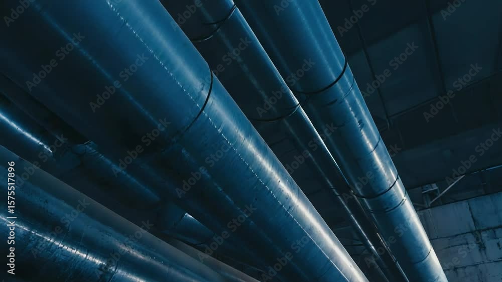 Large industrial pipes dominating composition in blue tones Large industrial pipes dominating composition in blue tones