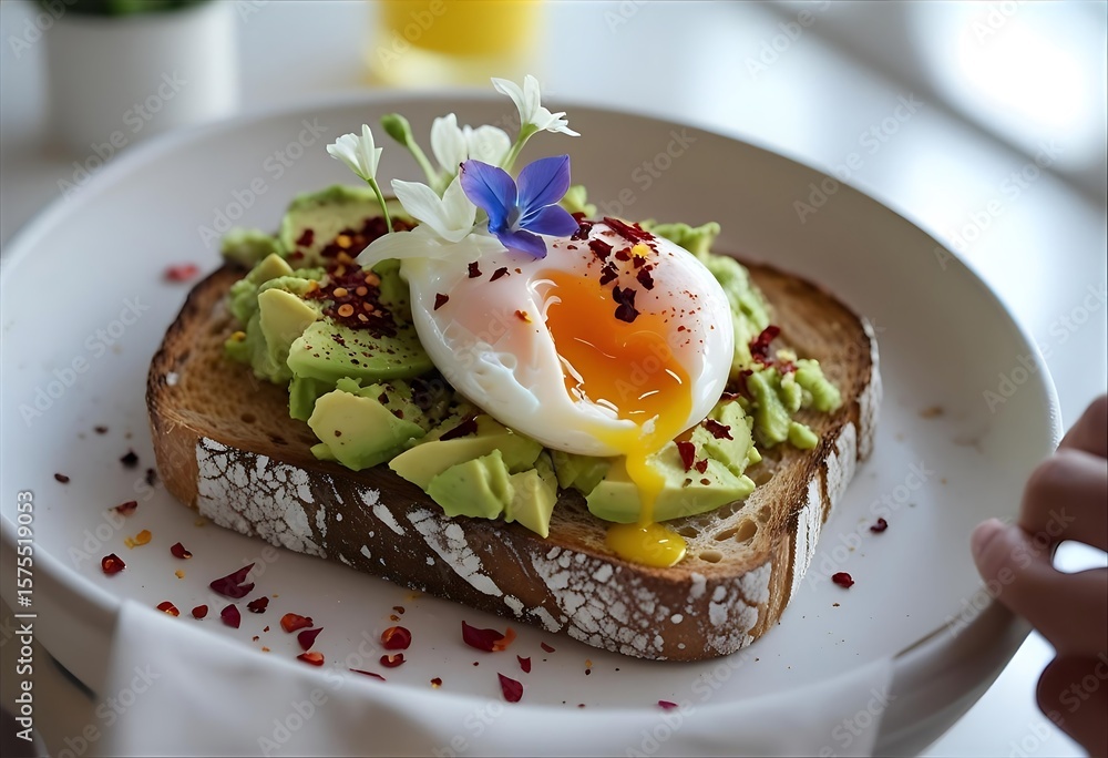 A perfectly poached egg atop creamy avocado toast, garnished with edible flowers and chili flakes. A perfectly poached egg atop creamy avocado toast, garnished with edible flowers and chili flakes.