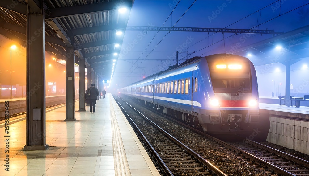 Illuminated blue train arriving at a foggy station platform at night. Illuminated blue train arriving at a foggy station platform at night.
