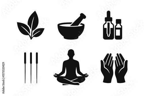 Alternative Medicine Vector Set – Herbal Therapy, Essential Oils, Acupuncture and Wellness Icons