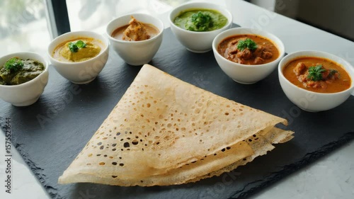 Delicious Indian dosa served with assorted chutneys and curry at a trendy urban cafe