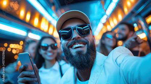 Smiling man with beard, sunglasses, and cap takes selfie on party bus with friends, vibrant blue and orange neon lights create energetic, joyful atmosphere, night celebration