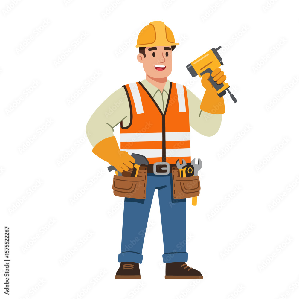 Smiling construction worker in orange safety vest holding a nail gun, ready for a building project, isolated on white for easy use in design and illustration. Smiling construction worker in orange safety vest holding a nail gun, ready for a building project, isolated on white for easy use in design and illustration.